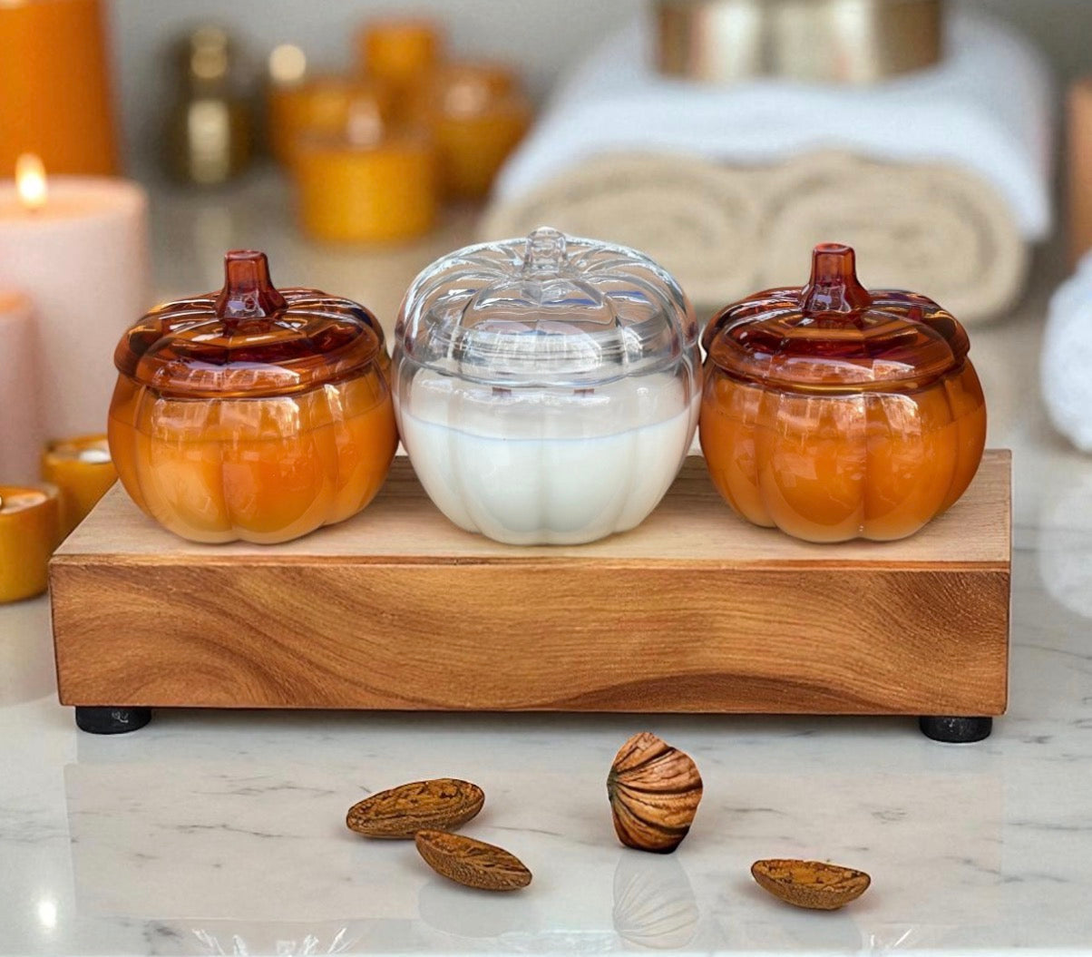 Orange Glass Pumpkin Candle with Crackling Wooden Wicks
