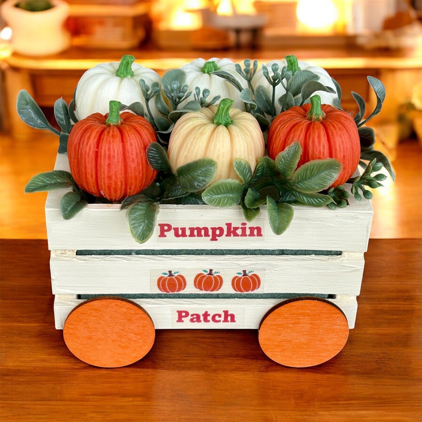 Pumpkin Patch Wax Melt Set – 6 Pumpkin-Shaped Scented Melts in Wooden Wagon