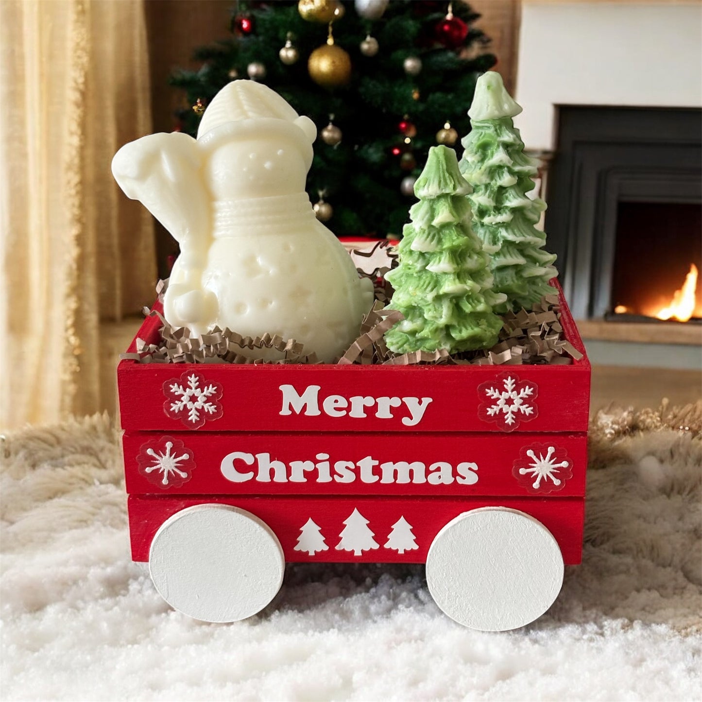 Wooden Holiday Wagon with Snowman & Christmas Trees Candles