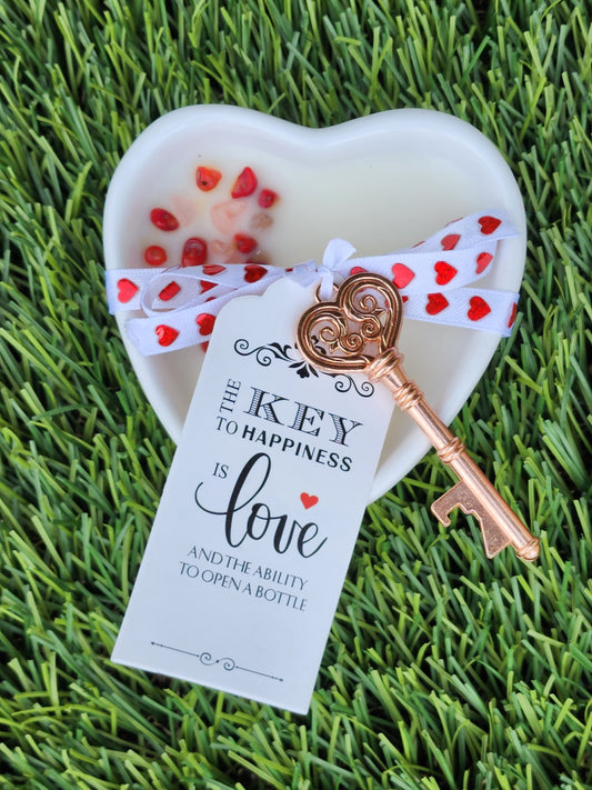Heart Shaped Soy Wax Candle – 8oz | Rose Petals & “Key to My Heart” Design
