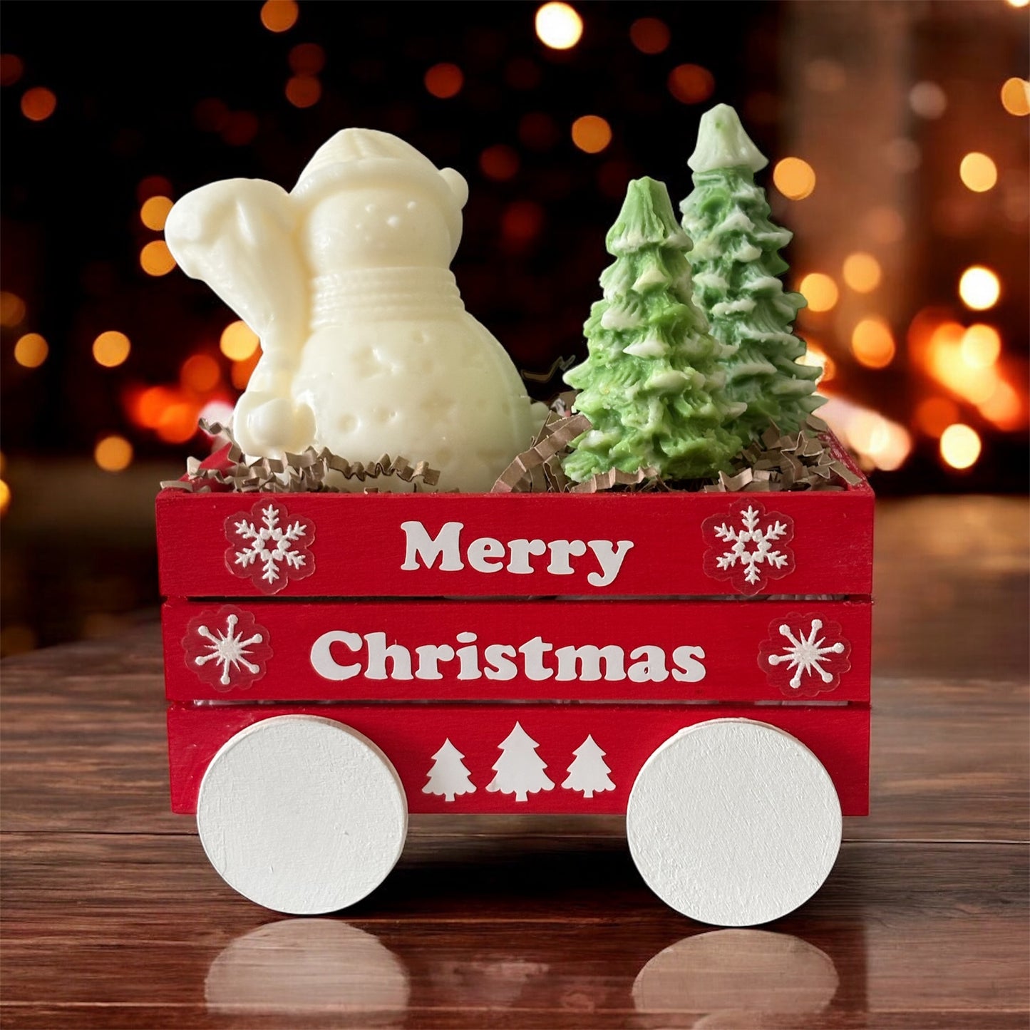 Wooden Holiday Wagon with Snowman & Christmas Trees Candles