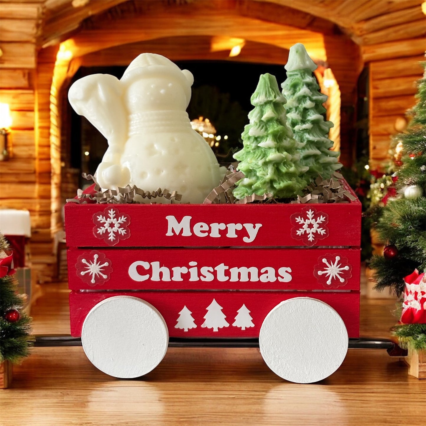 Wooden Holiday Wagon with Snowman & Christmas Trees Candles