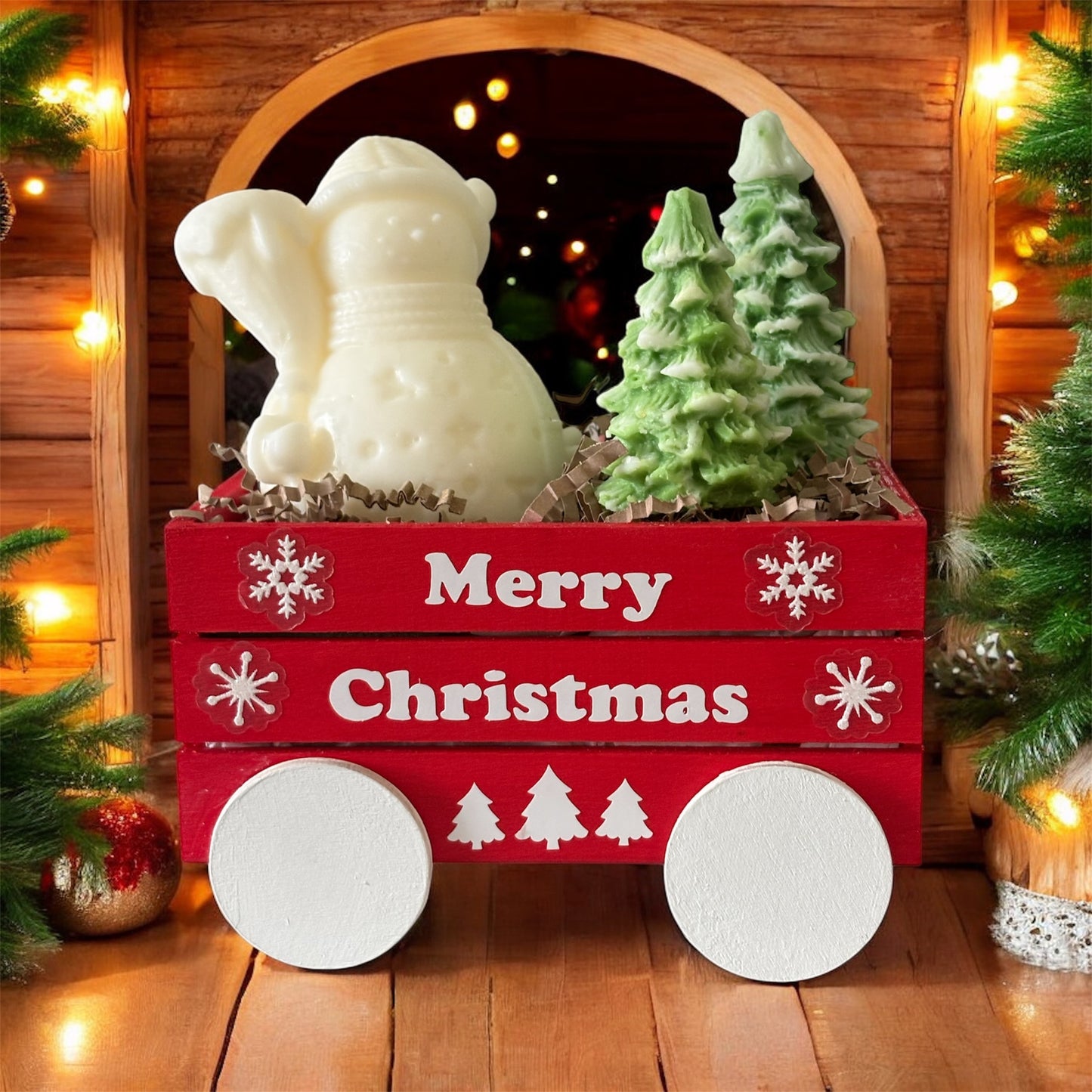 Wooden Holiday Wagon with Snowman & Christmas Trees Candles
