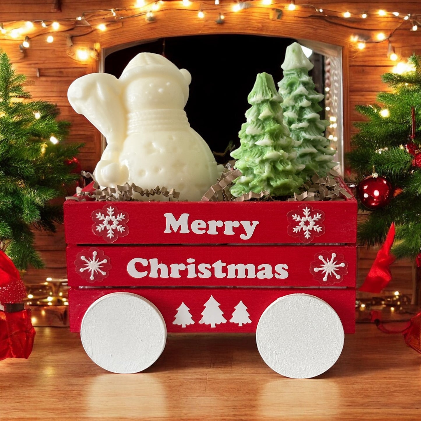 Wooden Holiday Wagon with Snowman & Christmas Trees Candles