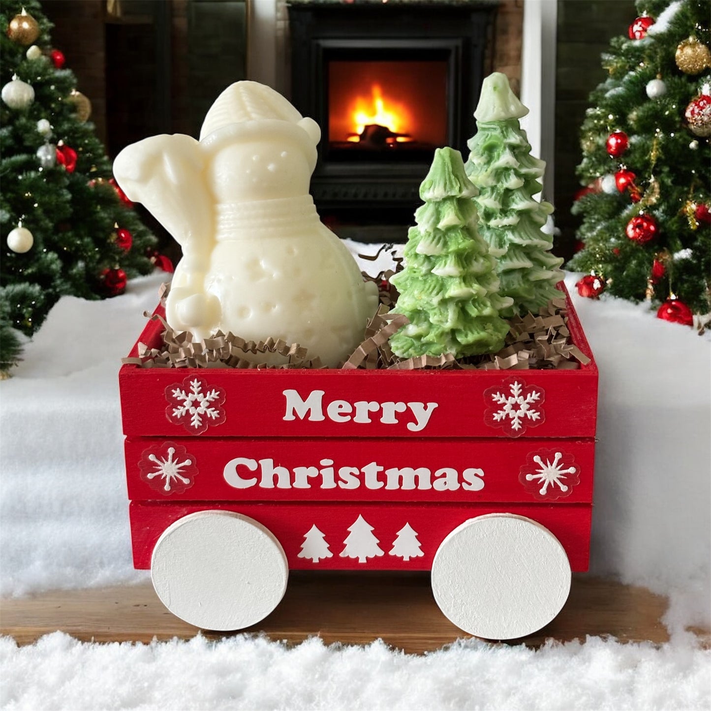 Wooden Holiday Wagon with Snowman & Christmas Trees Candles