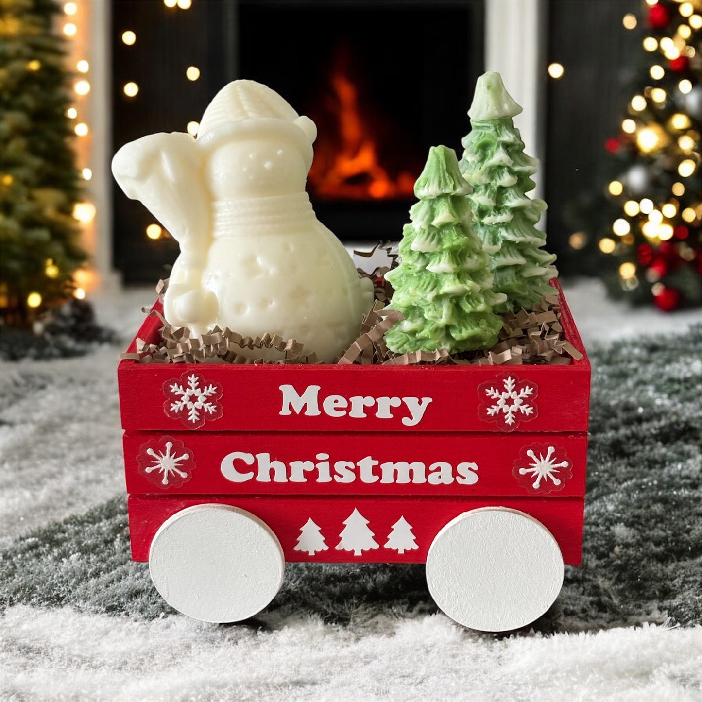 Wooden Holiday Wagon with Snowman & Christmas Trees Candles