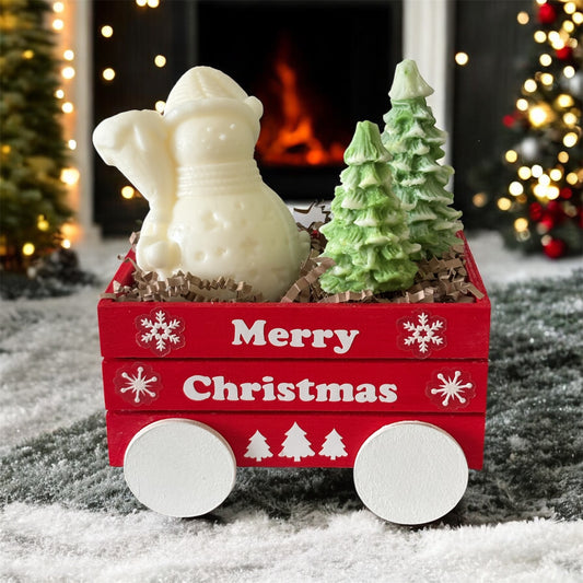 Wooden Holiday Wagon with Snowman & Christmas Trees Candles