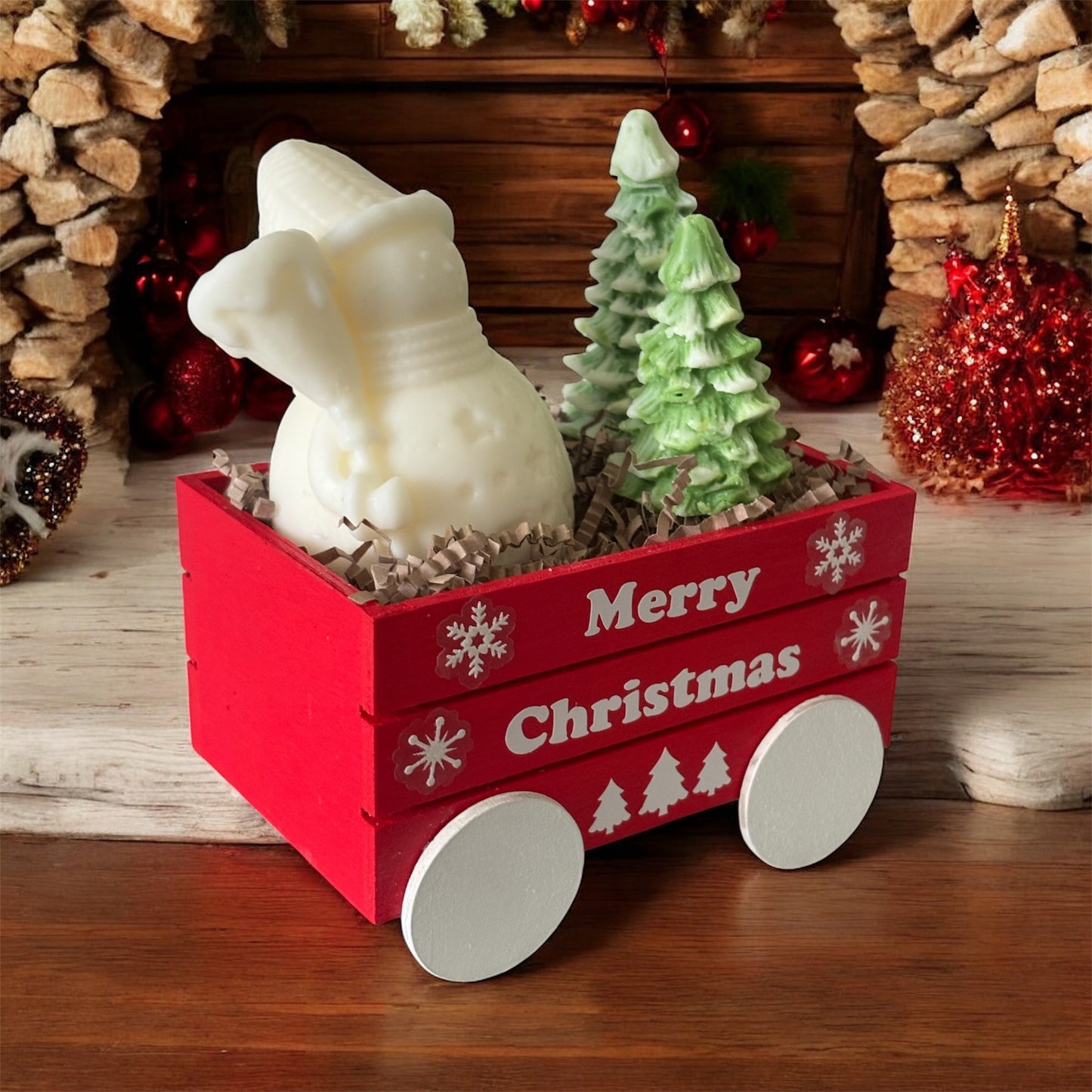 Wooden Holiday Wagon with Snowman & Christmas Trees Candles